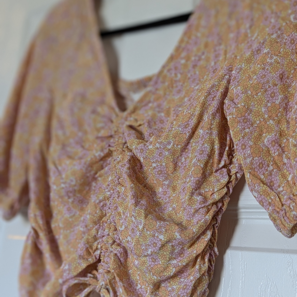 H&M Pink and Yellow Floral Ruched Button-Down Top